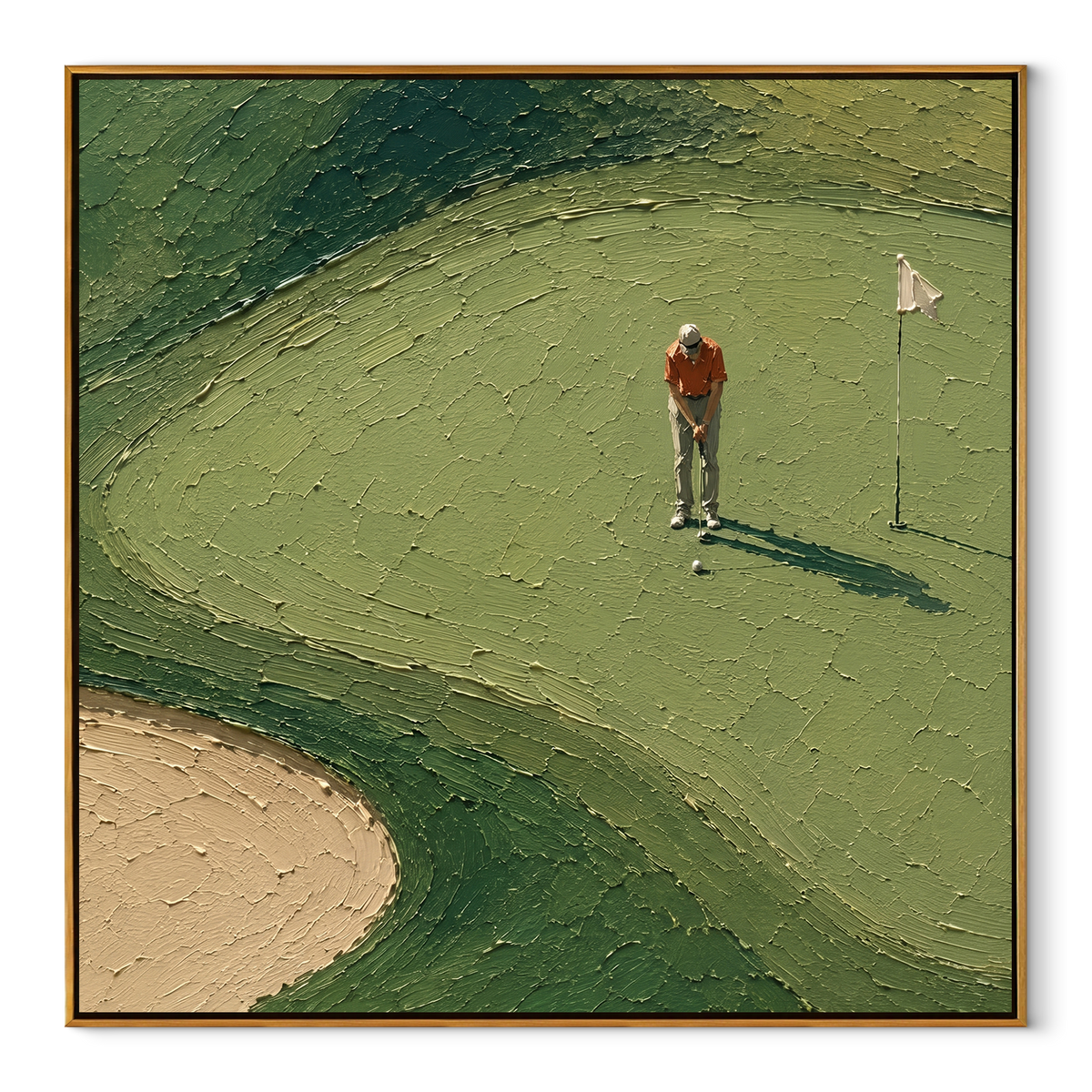 Red Shirt Long Shadow square painting in a wood frame on white
