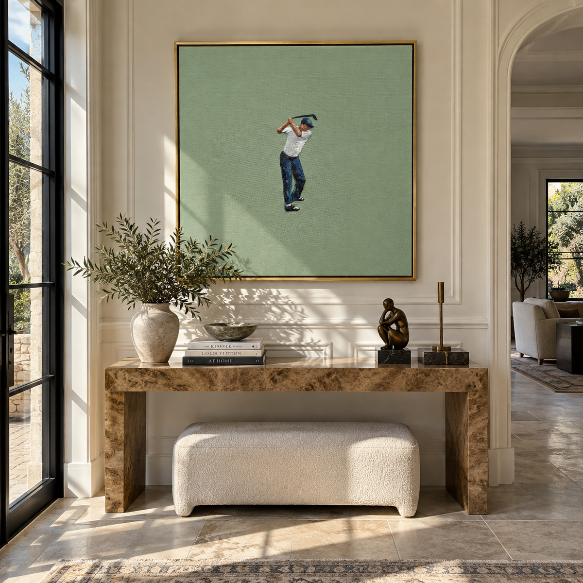 Golfer Holds Final Swing shown above contemporary furnishings