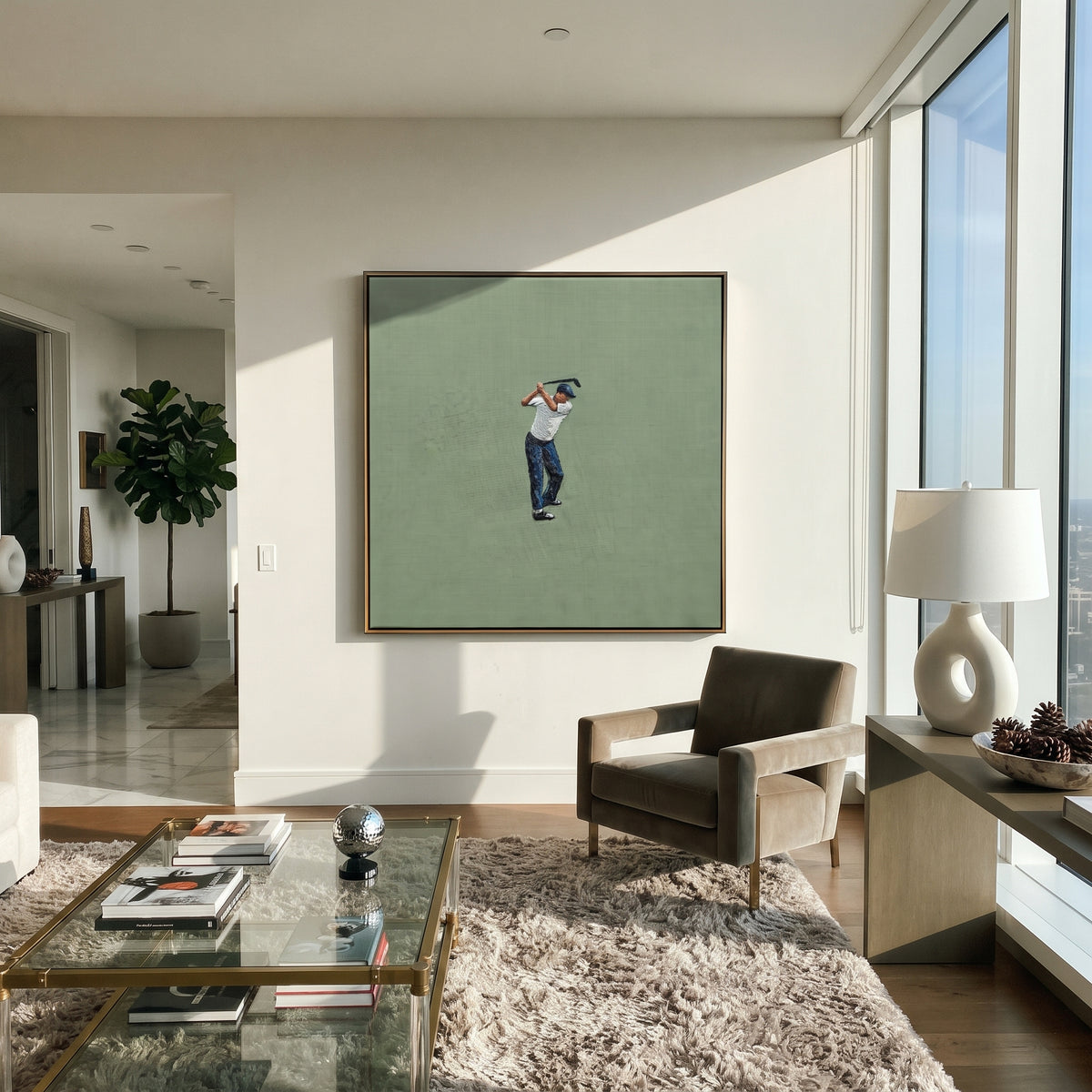 Golfer Holds Final Swing with natural materials and decor