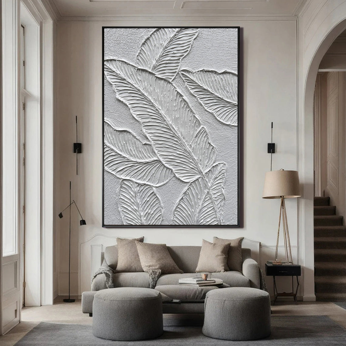 Silver Frond – Modern Botanical Leaf Relief Texture Painting | Contemporary Botanical Bedroom & Living Room Art