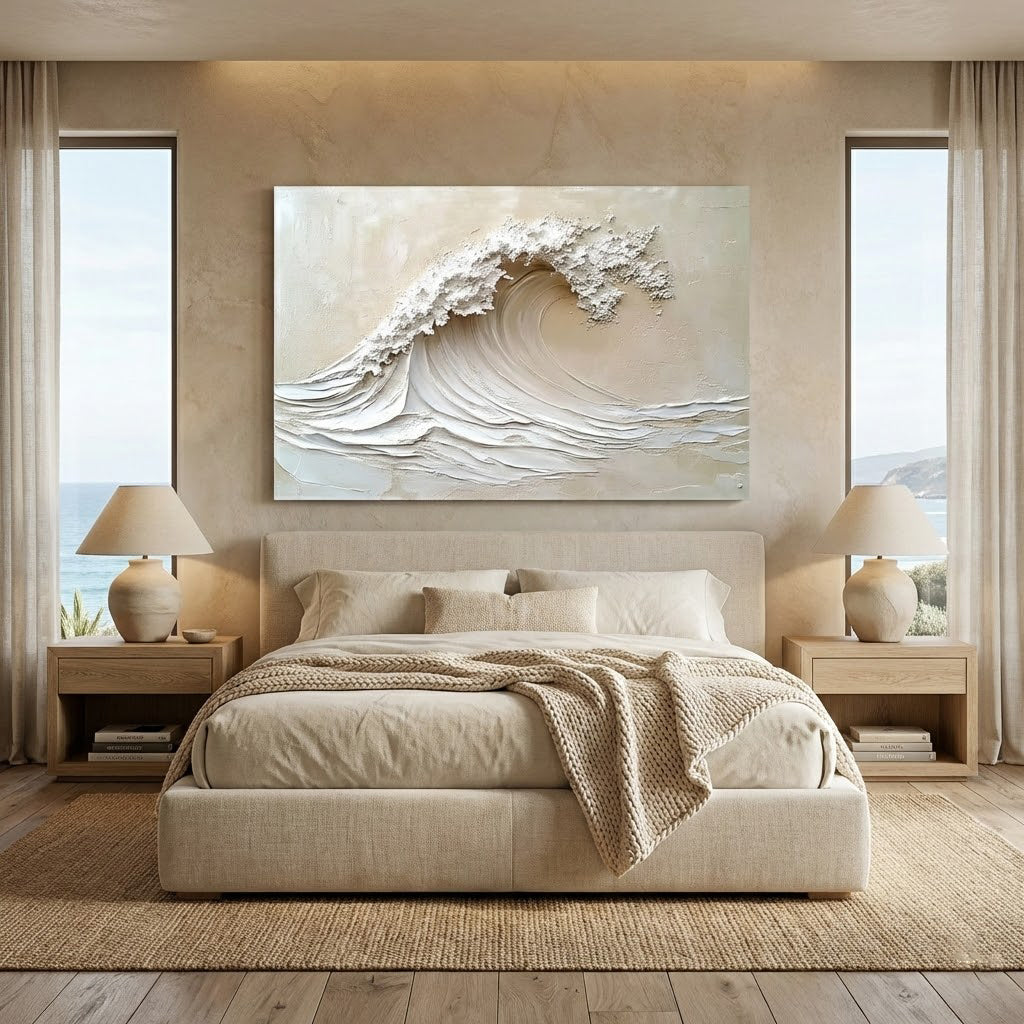 IVORY SURGE: Texture Wall Art, Hand-Painted Horizontal Creamy White Ocean Wave Plaster Relief 3D Heavy Texture Studio Art