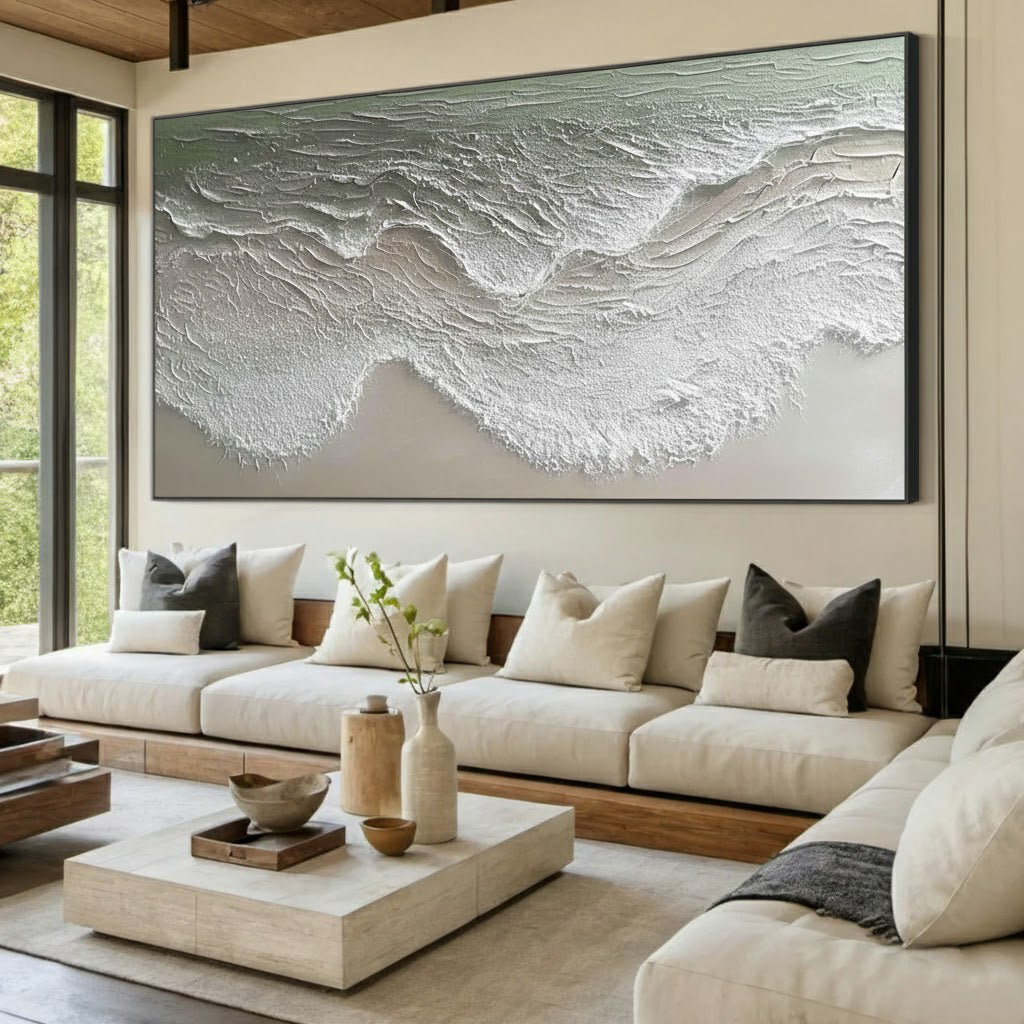 Serene Coastline – Modern Minimalist Ocean Wave Textured Art | Panoramic Coastal Living Room Art
