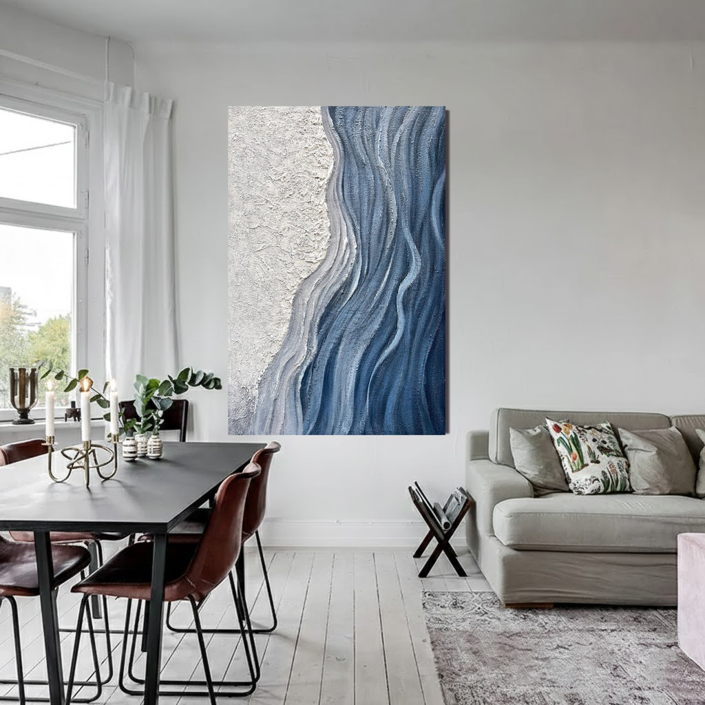 GLACIAL FLOW: Texture Wall Art, Hand-Painted Deep Blue and White Plaster Effect Relief 3D Heavy Texture Studio Art