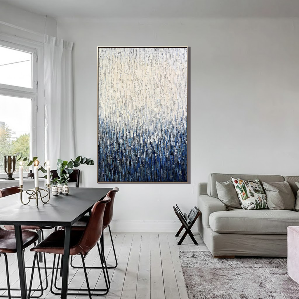 Azure Rain – 3D Heavy Texture Blue & White Pointillism Relief Abstract Painting | Modern Abstract Living Room & Office Art