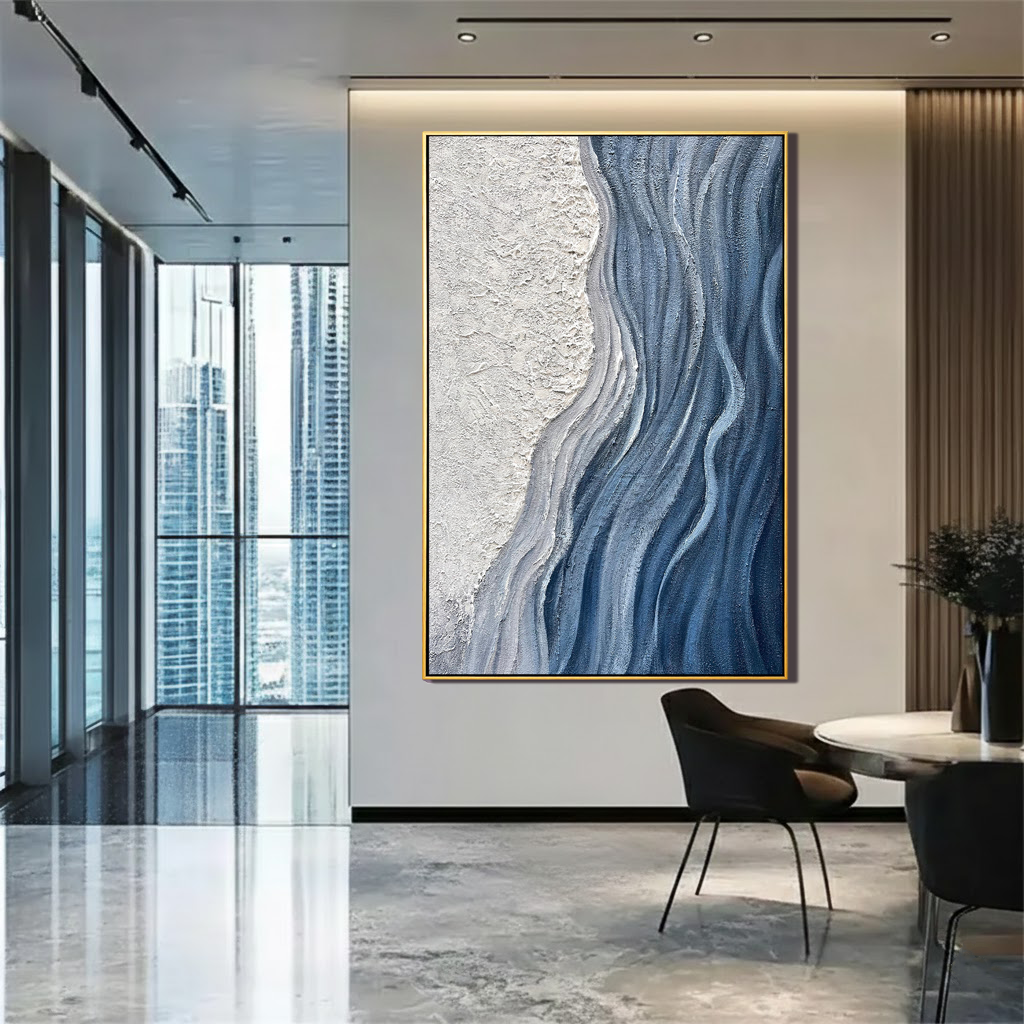 GLACIAL FLOW: Texture Wall Art, Hand-Painted Deep Blue and White Plaster Effect Relief 3D Heavy Texture Studio Art