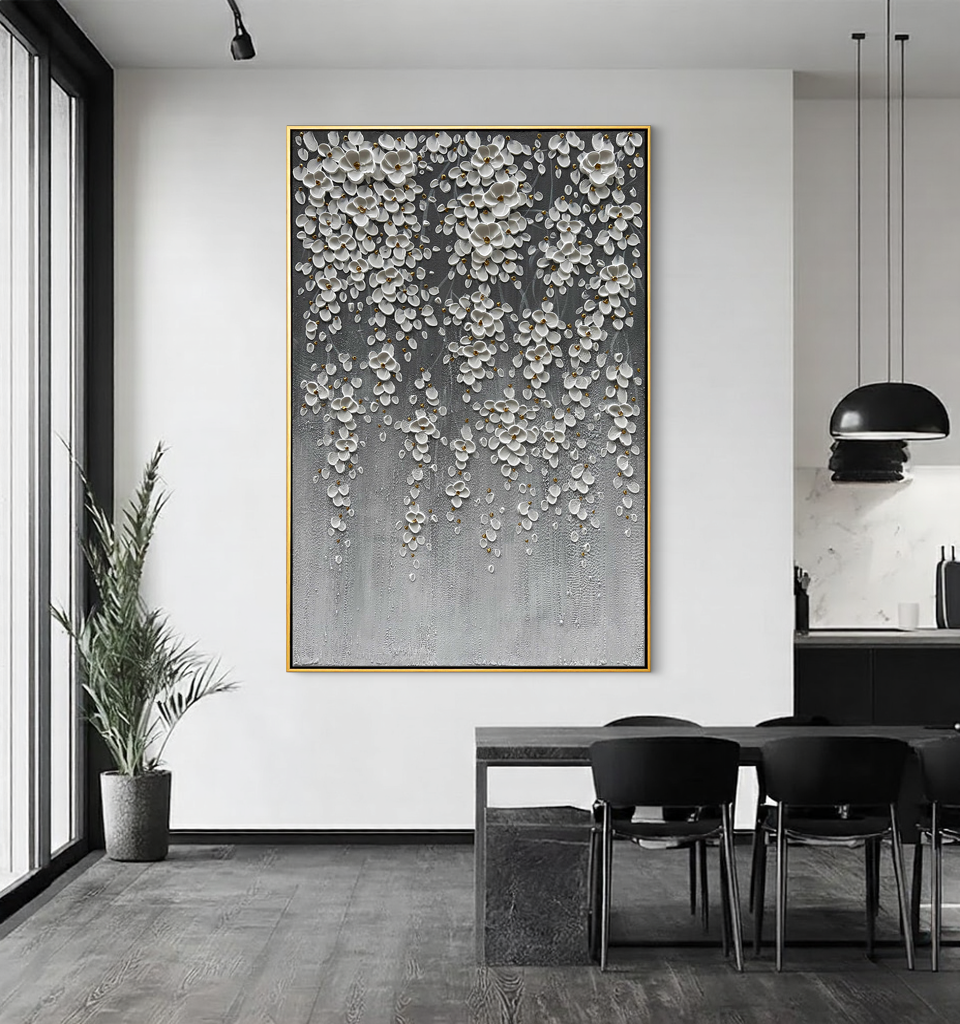 Cascading Bloom – Ombre Grey Floral Relief Texture Painting | Contemporary Botanical Bedroom & Living Room Art