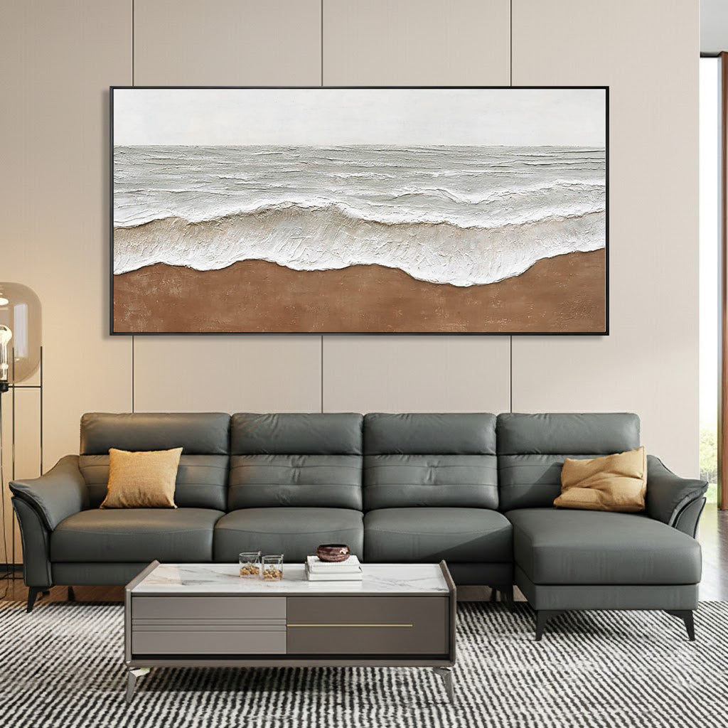 Sandy Reach – Wabi-Sabi Sand and Wave Relief Texture Painting | Contemporary Landscape Living Room & Dining Room Art