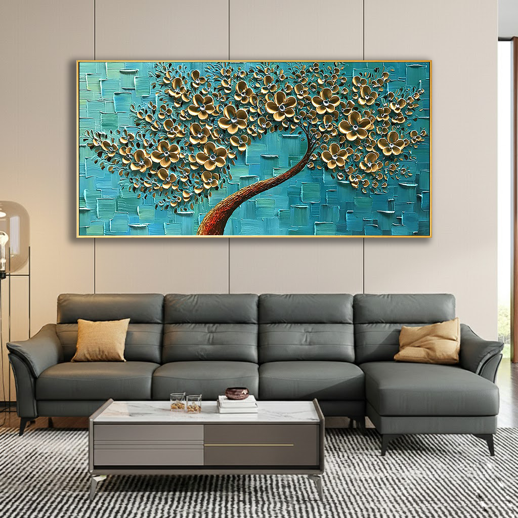 Teal Radiance – Gold Leaf Flower Relief Texture Painting | Modern Luxury Botanical Bedroom & Living Room Art