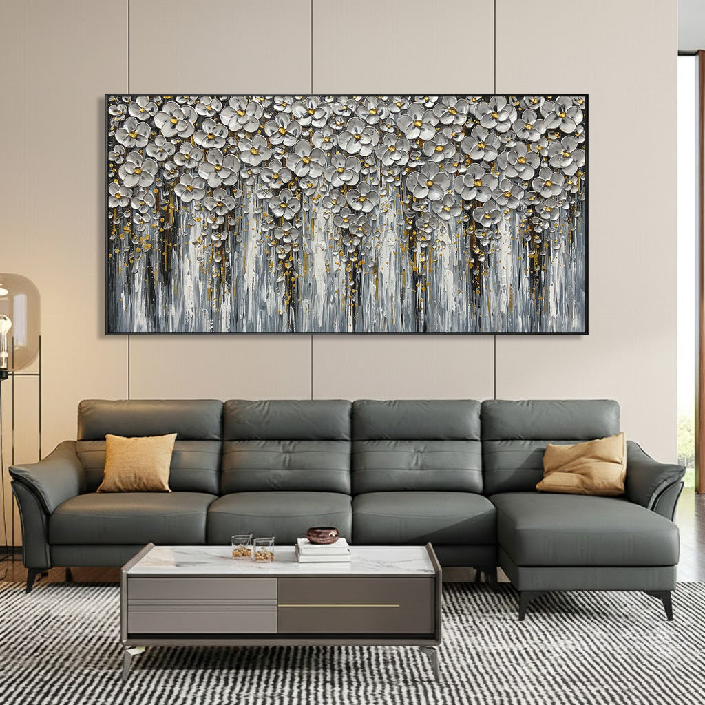 Silver Bloom – Luxury Blossom Relief Floral Painting | Contemporary Botanical Bedroom & Living Room Art