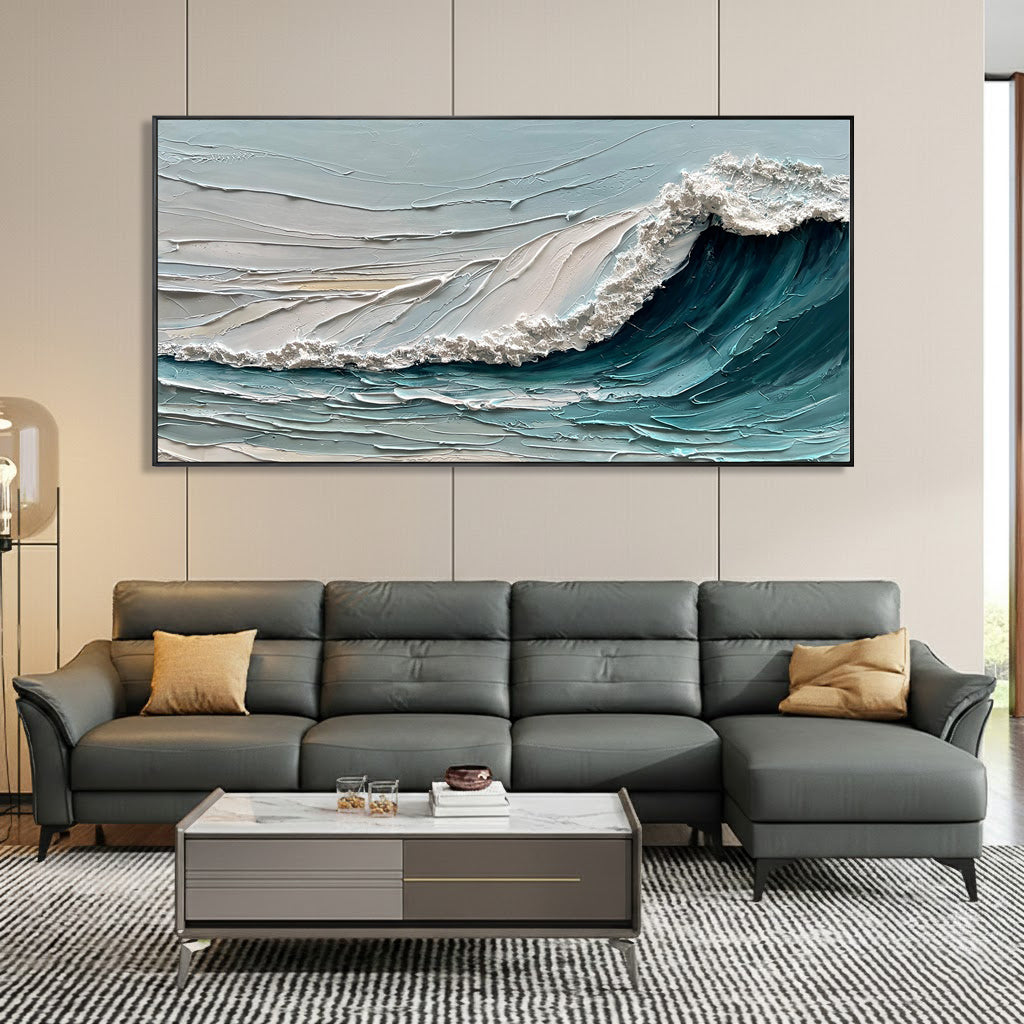 Azure Crest – Modern Plaster Ocean Relief Texture Painting | Coastal Modern Living Room & Bedroom Art
