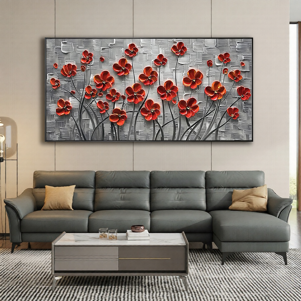 Scarlet Petals – Vibrant Red Flower Relief Floral Painting | Vibrant Botanical Living Room & Dining Room Art