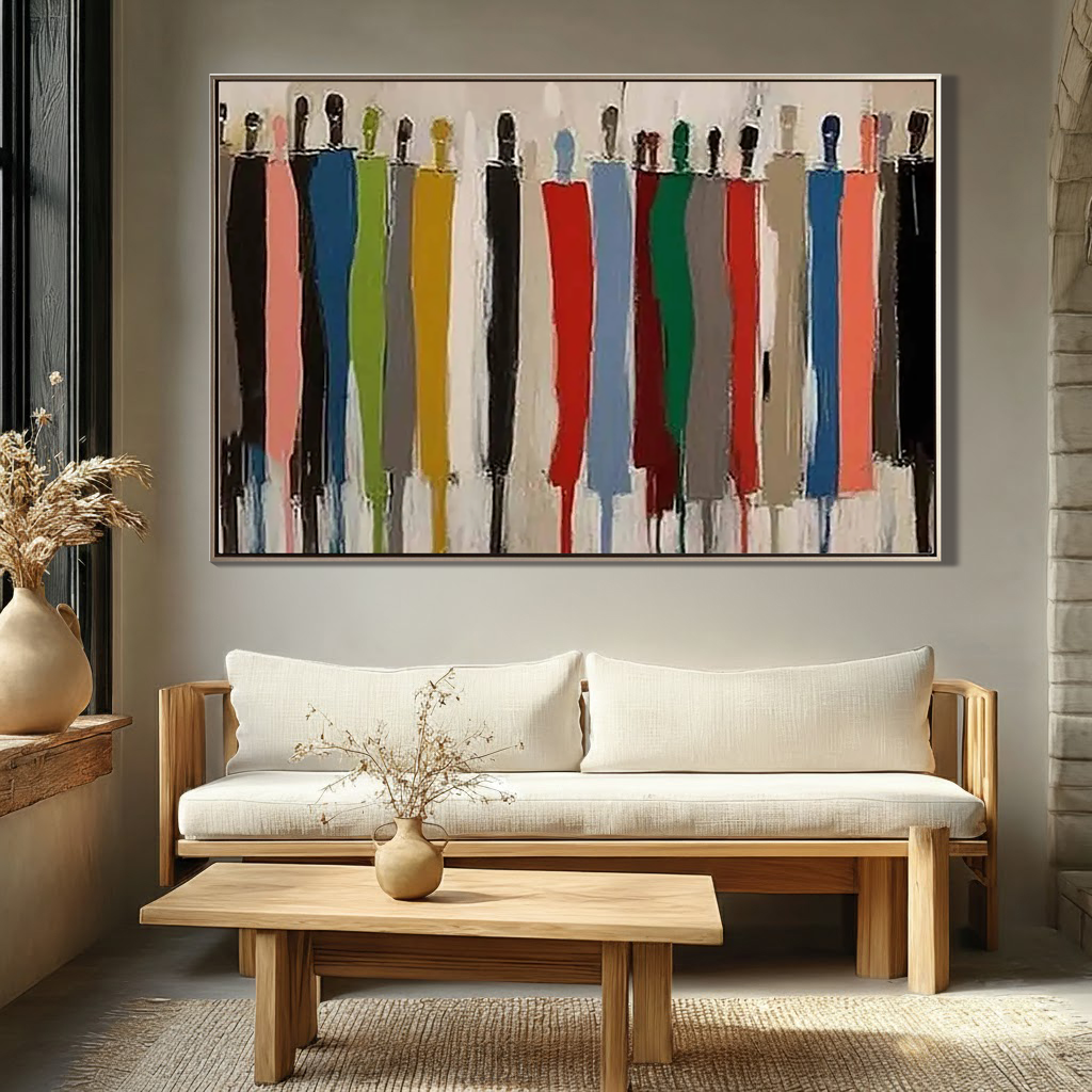 Collective Spirit – Hand-Painted Multicolored Abstract Crowd Portrait Painting | Bold Expressionist Living Room & Dining Room Art