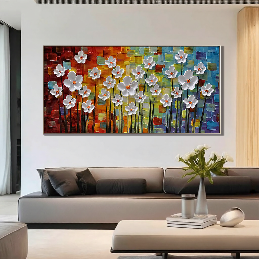 RAINBOW BLOOM: Panoramic 3D Heavy Texture Floral Wall Art, Vibrant Mosaic Background Relief