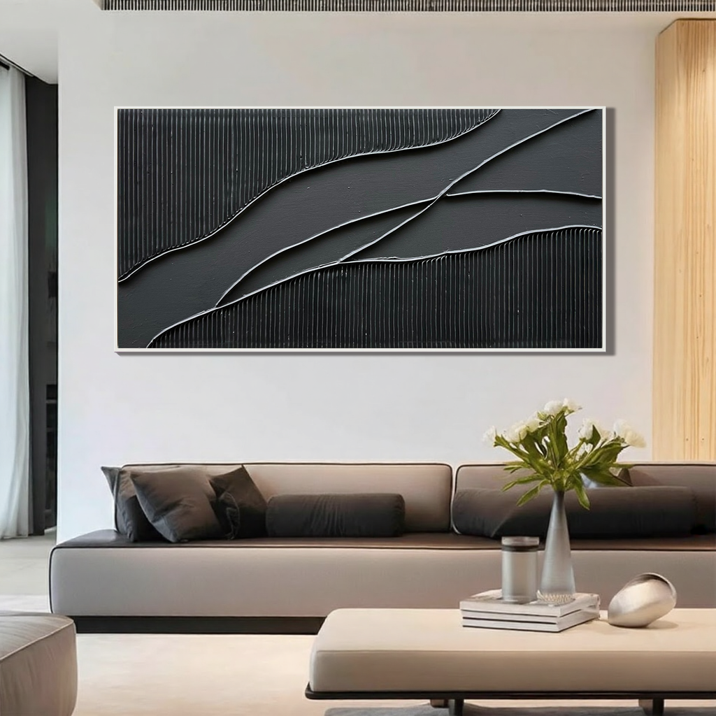 Obsidian Flow – Modern 3D Linear Abstract Minimalist Painting | Bold Minimalist Bedroom & Home Office Art