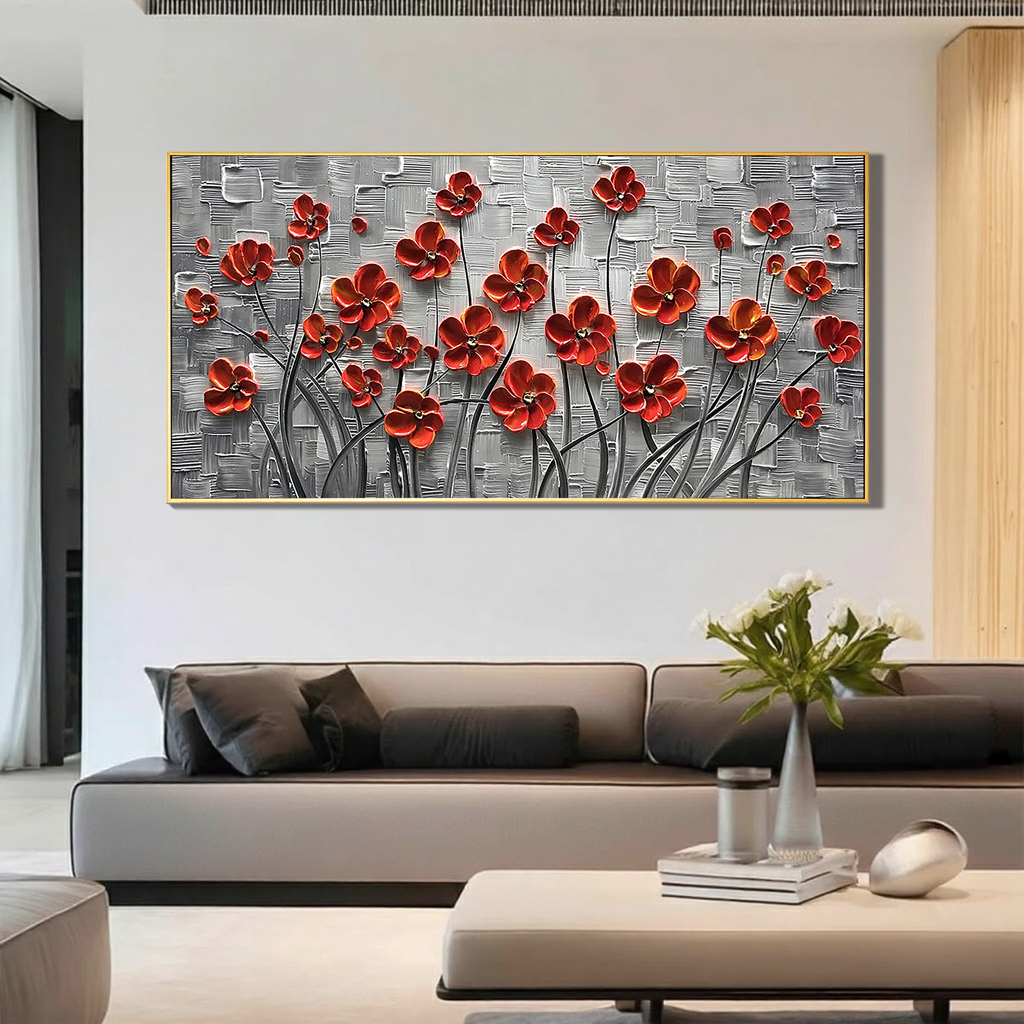 Scarlet Petals – Vibrant Red Flower Relief Floral Painting | Vibrant Botanical Living Room & Dining Room Art