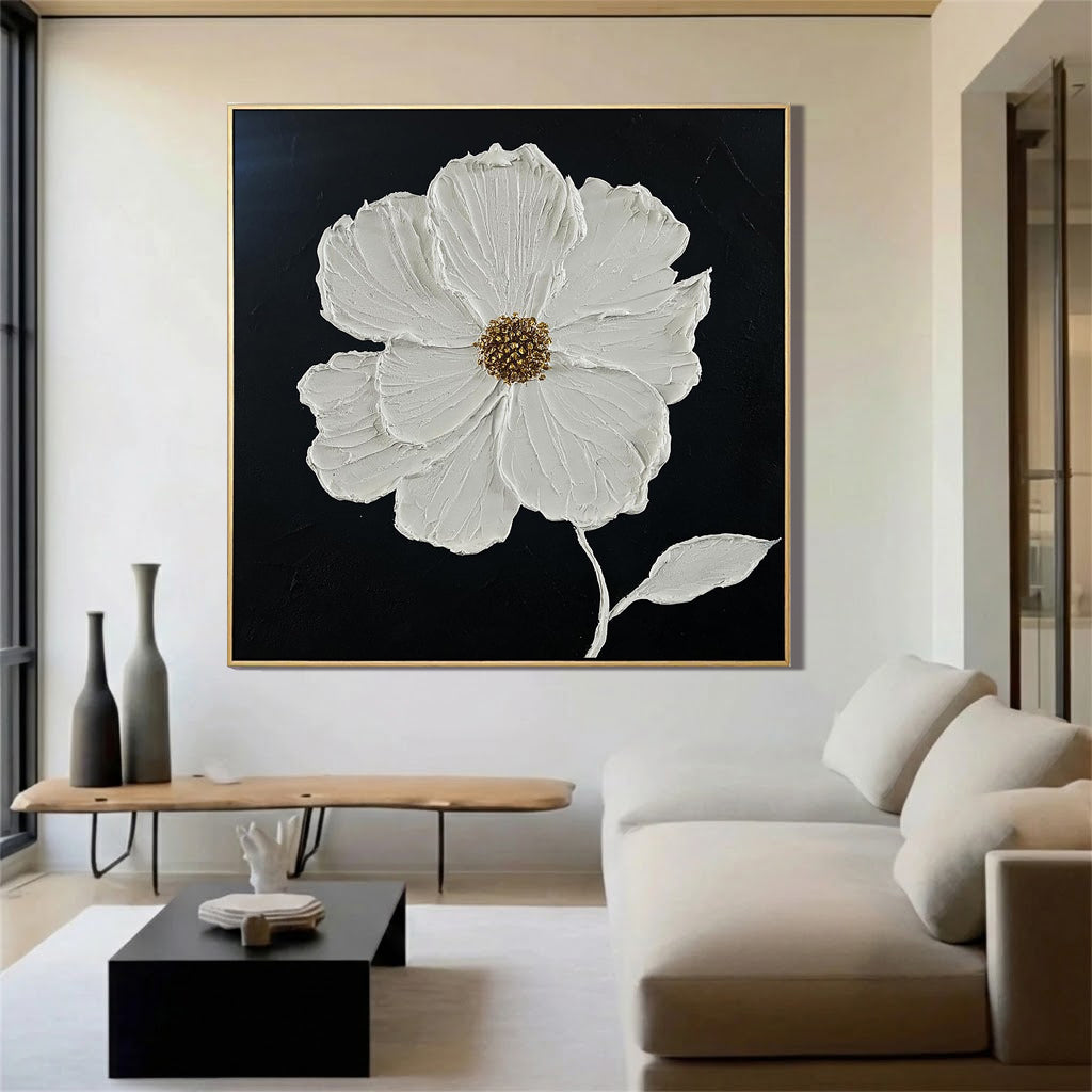 Pure Bloom – Hand-Painted Black and White Minimalist Petal Plaster Relief Floral Painting | Minimalist Botanical Bedroom & Living Room Art