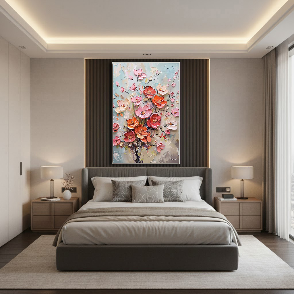 Coral Radiance – Hand-Painted Pink and Orange 3D Relief Plaster Effect Floral Painting | Heavy Texture Gallery Art
