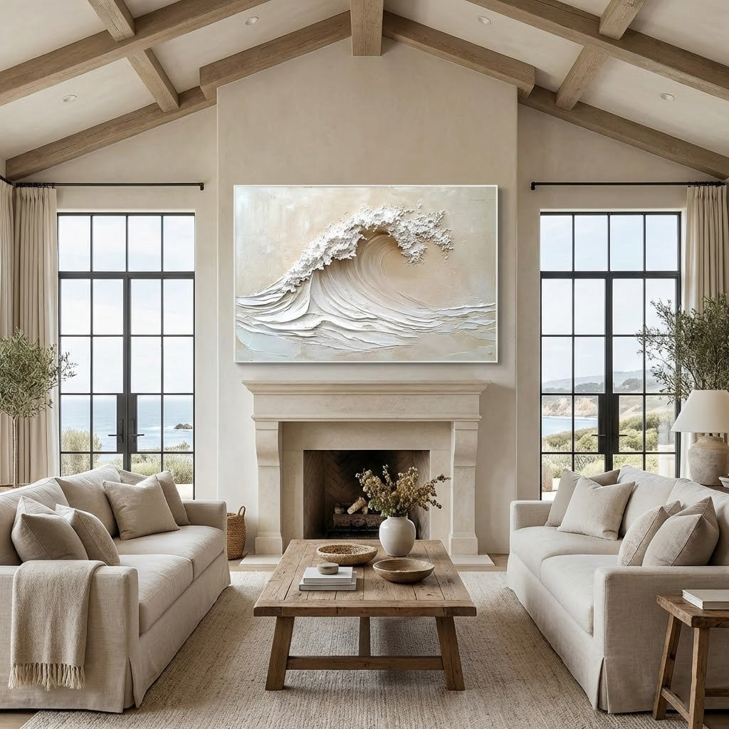 IVORY SURGE: Texture Wall Art, Hand-Painted Horizontal Creamy White Ocean Wave Plaster Relief 3D Heavy Texture Studio Art