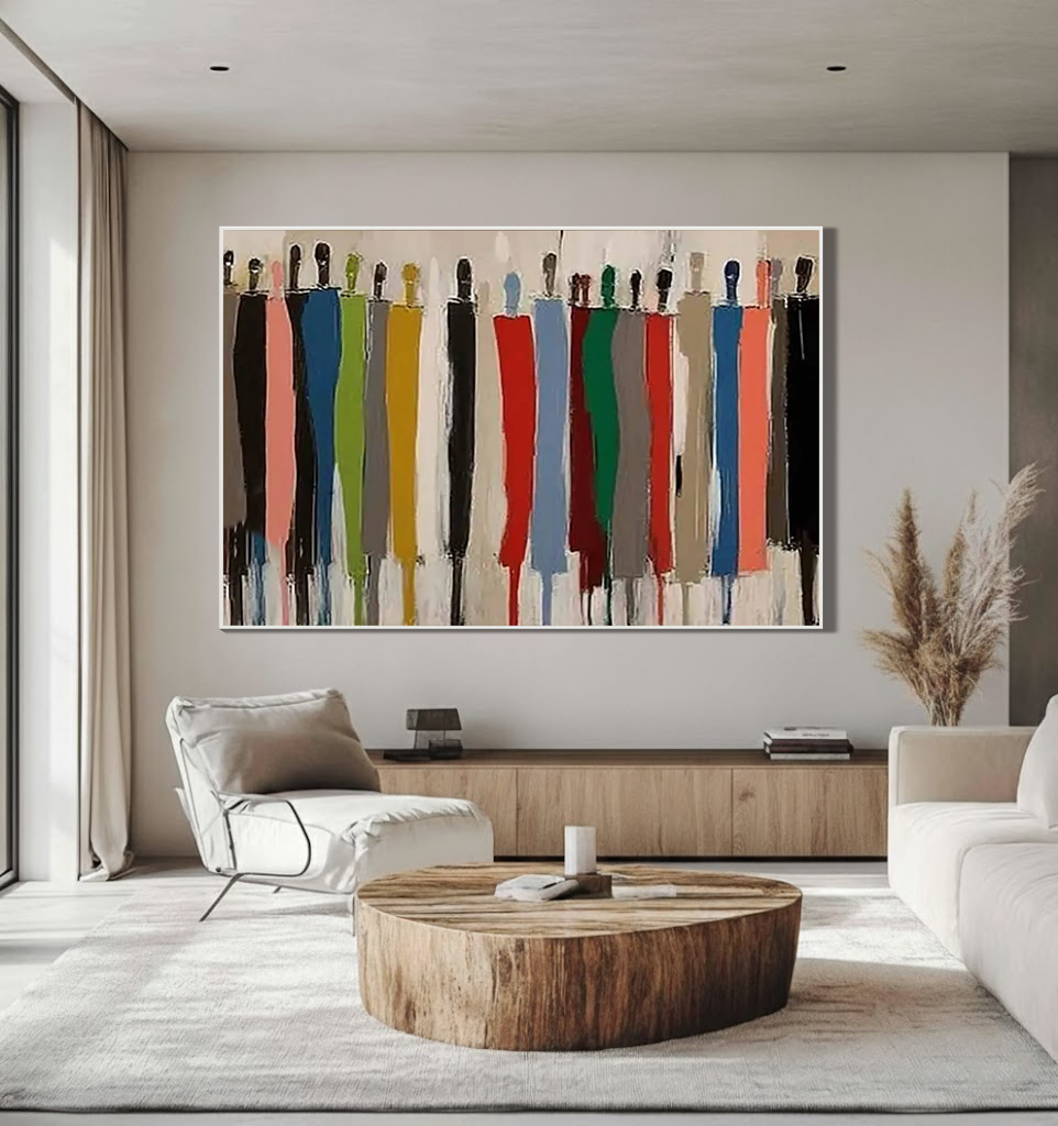 Collective Spirit – Hand-Painted Multicolored Abstract Crowd Portrait Painting | Bold Expressionist Living Room & Dining Room Art