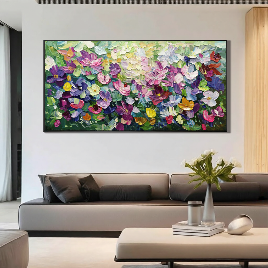 Violet Garden – Hand-Painted Purple Wildflower Textured Impressionist Floral Painting | Contemporary Botanical Bedroom & Living Room Art