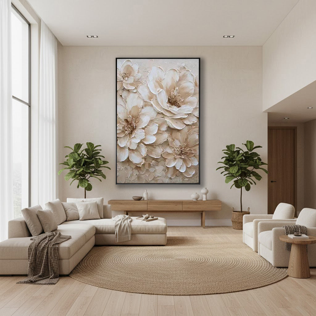 IVORY PETALS: Flower-Tree Art, Hand-Painted Creamy White Floral Plaster Relief 3D Heavy Texture Gallery Art