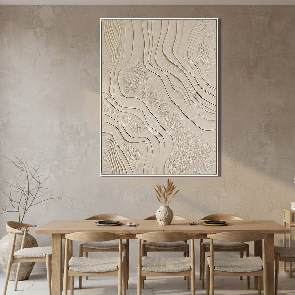 Zen Ripple – Hand-Painted Minimalist Beige Organic Wave Line 3D Plaster Effect Relief Wabi-Sabi Painting | Japandi Organic Wabi-Sabi Living Room & Hallway Art