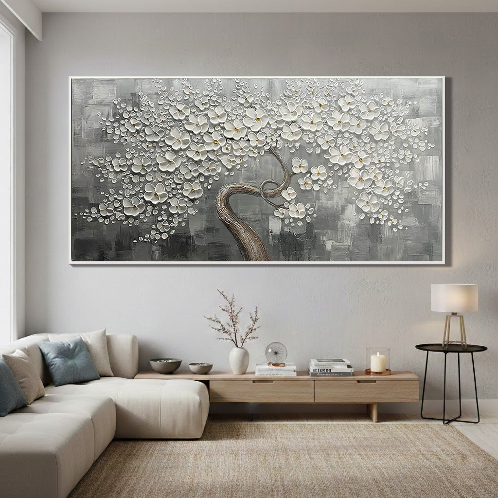 Silver Blossom – Hand-Painted White Tree 3D Relief Heavy Texture Plaster Floral Painting | Contemporary Botanical Bedroom & Living Room Art