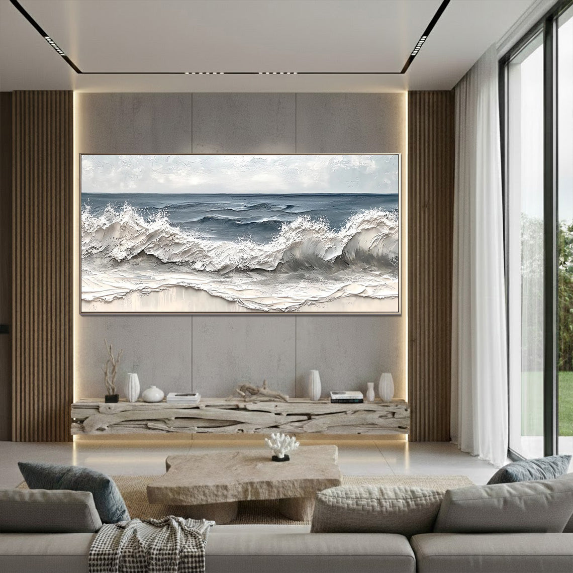 Deep Sea Echo – Modern Textured Painting | Creative Navy Blue Crashing Wave Living Room Decor