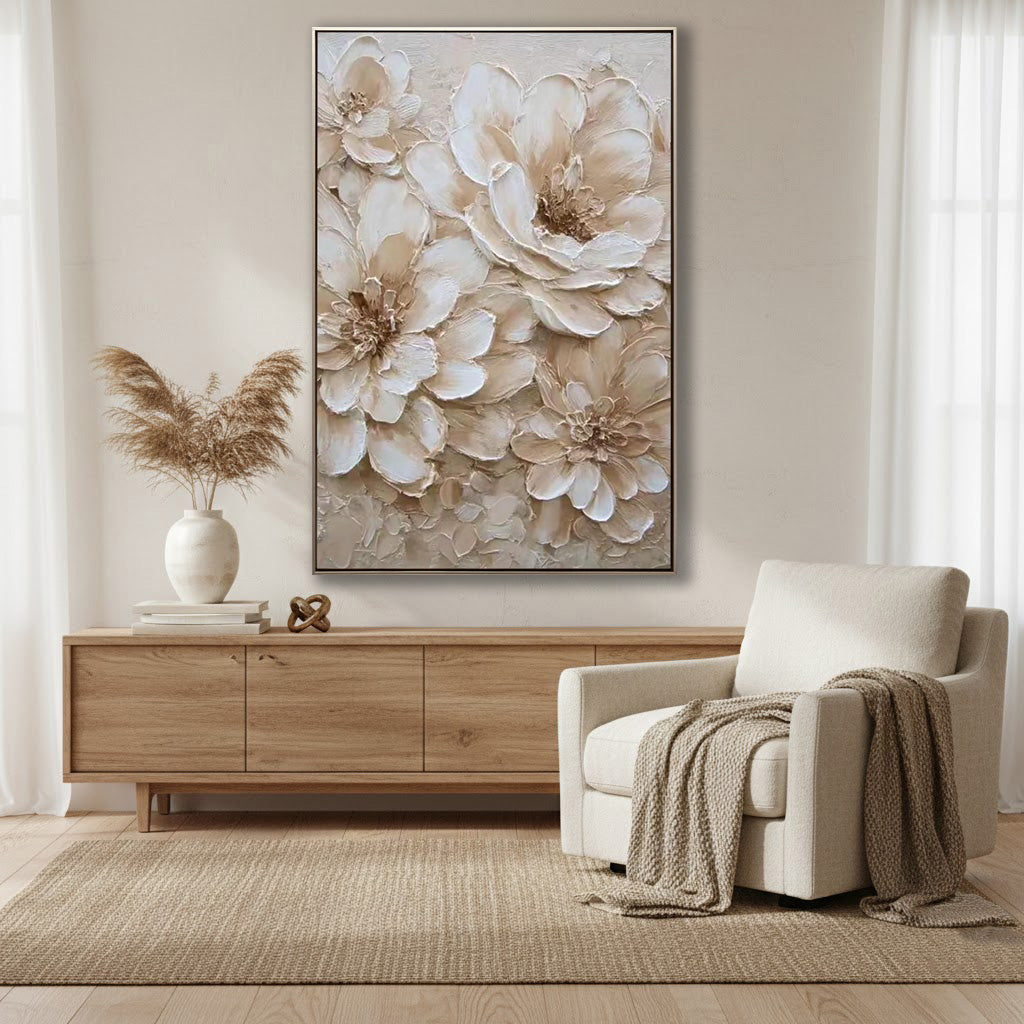 IVORY PETALS: Flower-Tree Art, Hand-Painted Creamy White Floral Plaster Relief 3D Heavy Texture Gallery Art