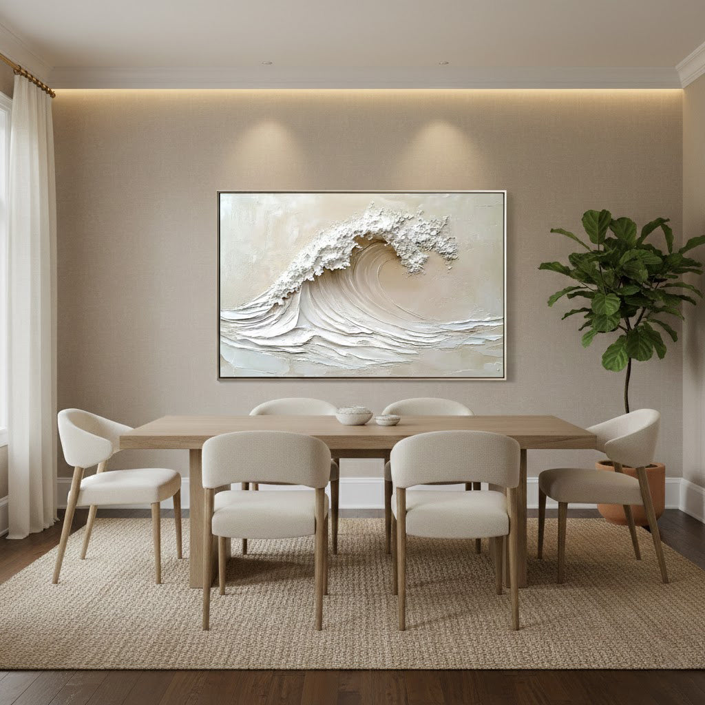 IVORY SURGE: Texture Wall Art, Hand-Painted Horizontal Creamy White Ocean Wave Plaster Relief 3D Heavy Texture Studio Art