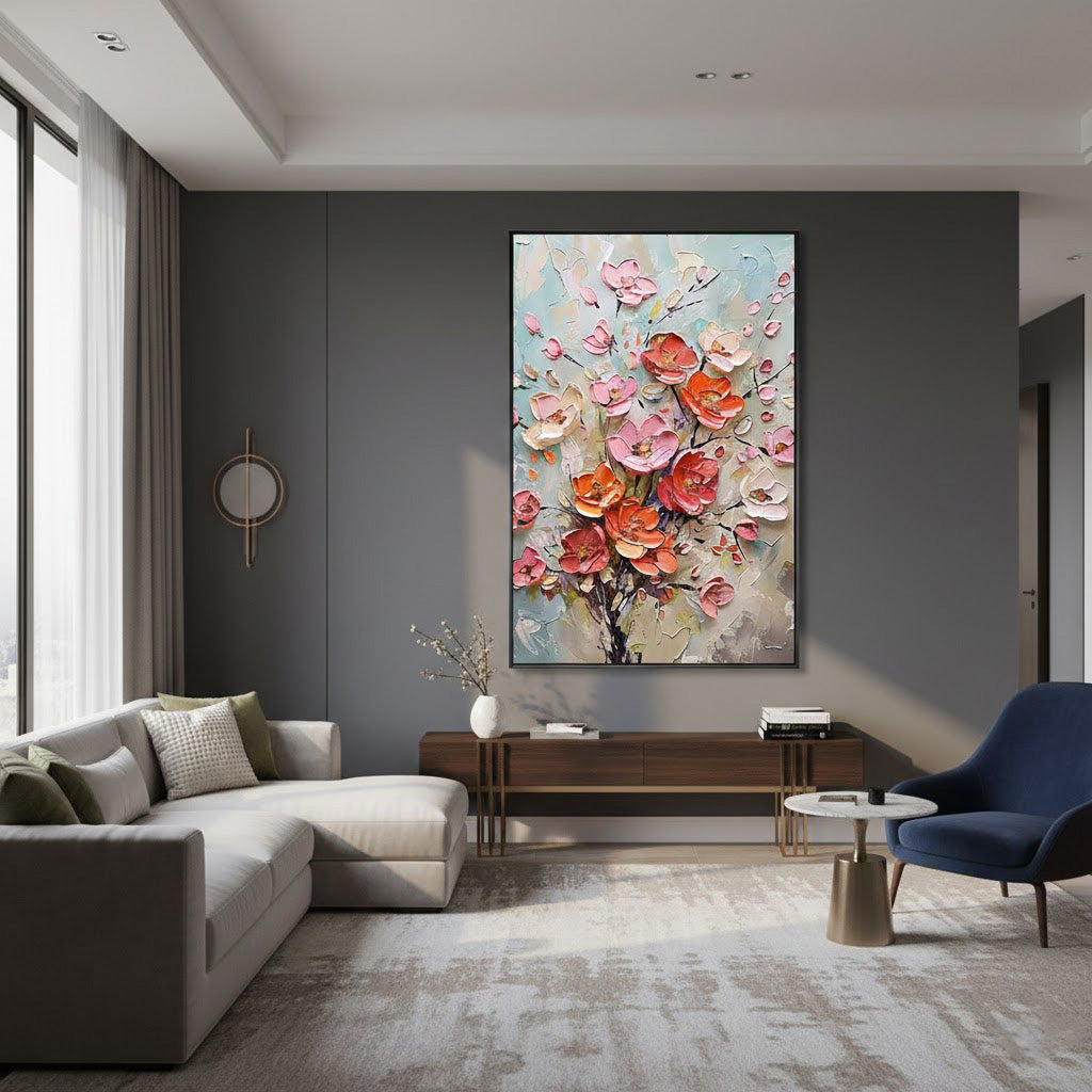 Coral Radiance – Hand-Painted Pink and Orange 3D Relief Plaster Effect Floral Painting | Heavy Texture Gallery Art