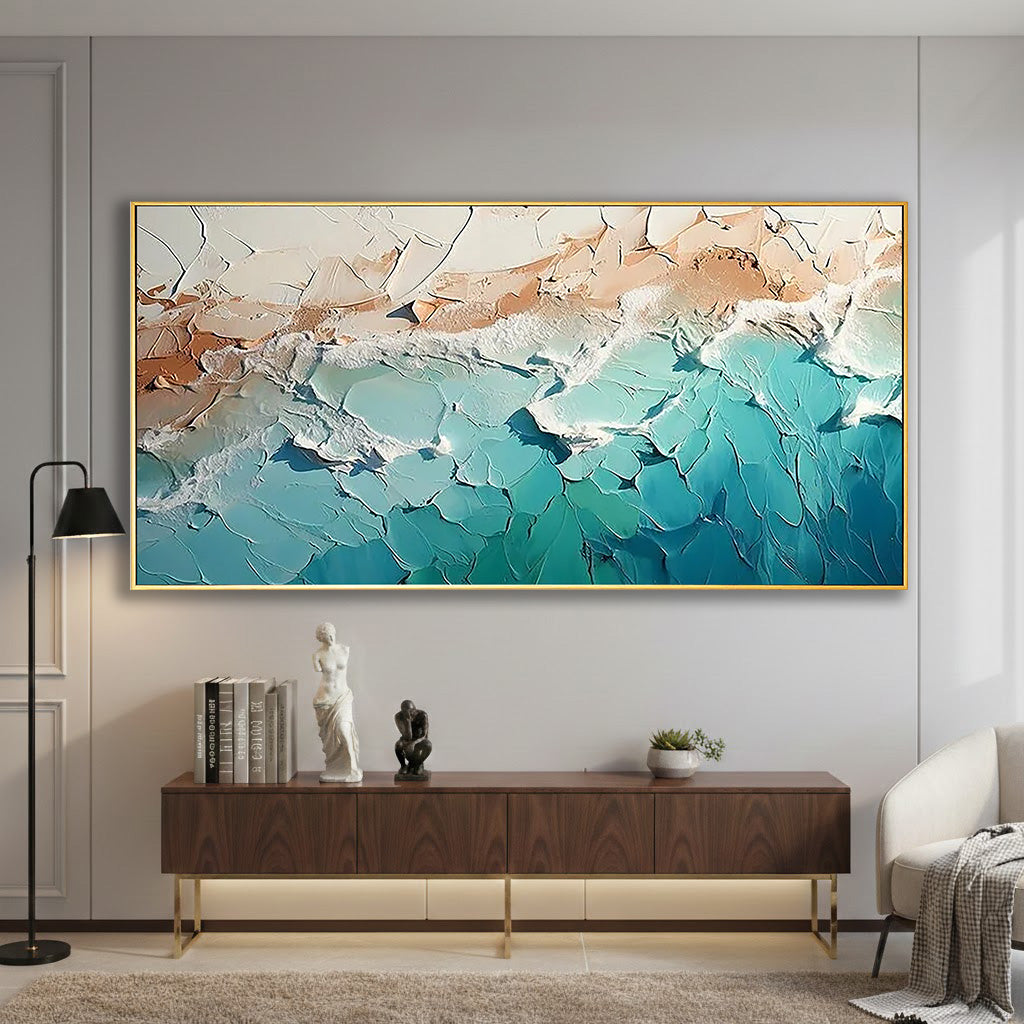 EMERALD COAST: Texture Wall Art, Hand-Painted Horizontal Emerald Green and Sand Plaster Relief 3D Heavy Texture Studio Art