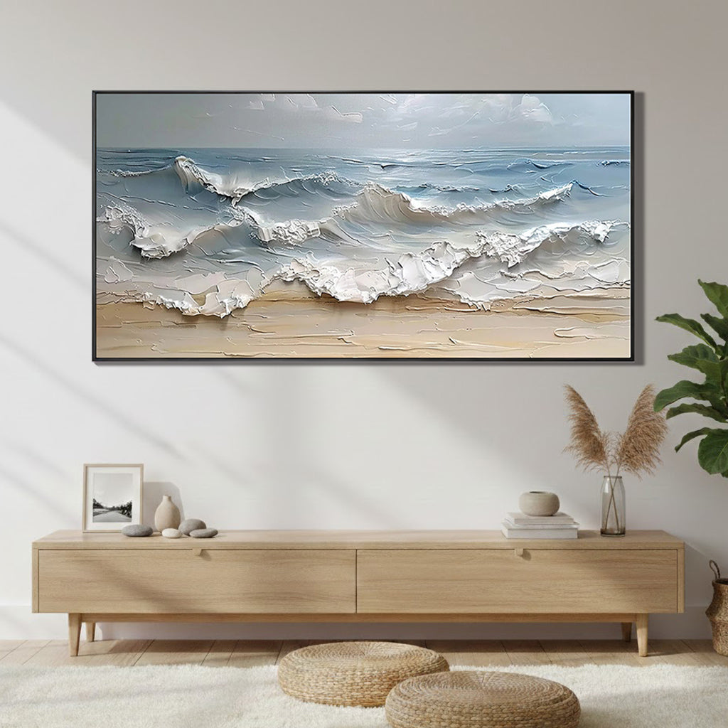 Shoreline Echo – Hand-Painted Creamy Sand Beach Wave Palette Knife Thick Textured Oil Seascape Painting | Contemporary Landscape Living Room & Dining Room Art