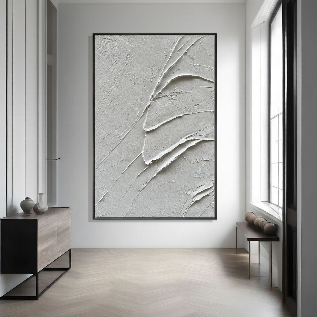 Fractured Calm – Modern White Abstract Relief Minimalist Painting | Modern Minimalist Bedroom & Home Office Art