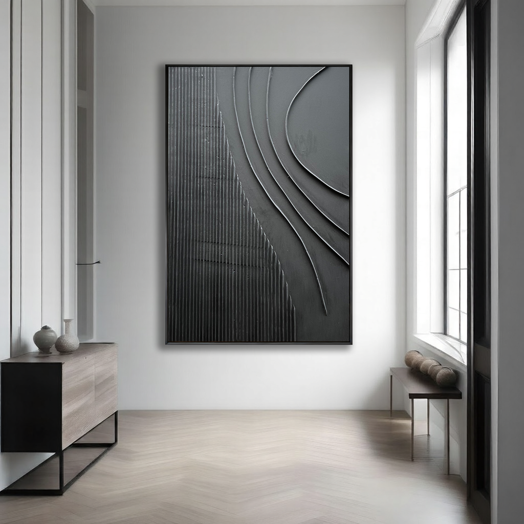 Obsidian Flow – Minimalist Wave Relief Modern Painting | Bold Minimalist Bedroom & Home Office Art
