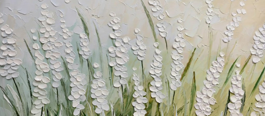 Wild Lavender – Hand-Painted Sage Green 3D Impasto Heavy Texture Plaster Floral Painting | Tropical Botanical Bedroom & Dining Room Art
