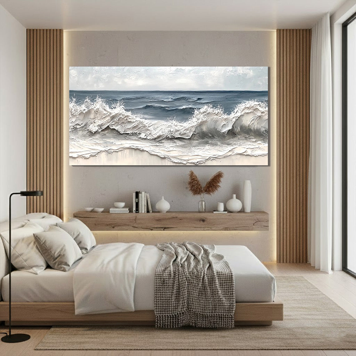 Deep Sea Echo – Modern Textured Painting | Creative Navy Blue Crashing Wave Living Room Decor