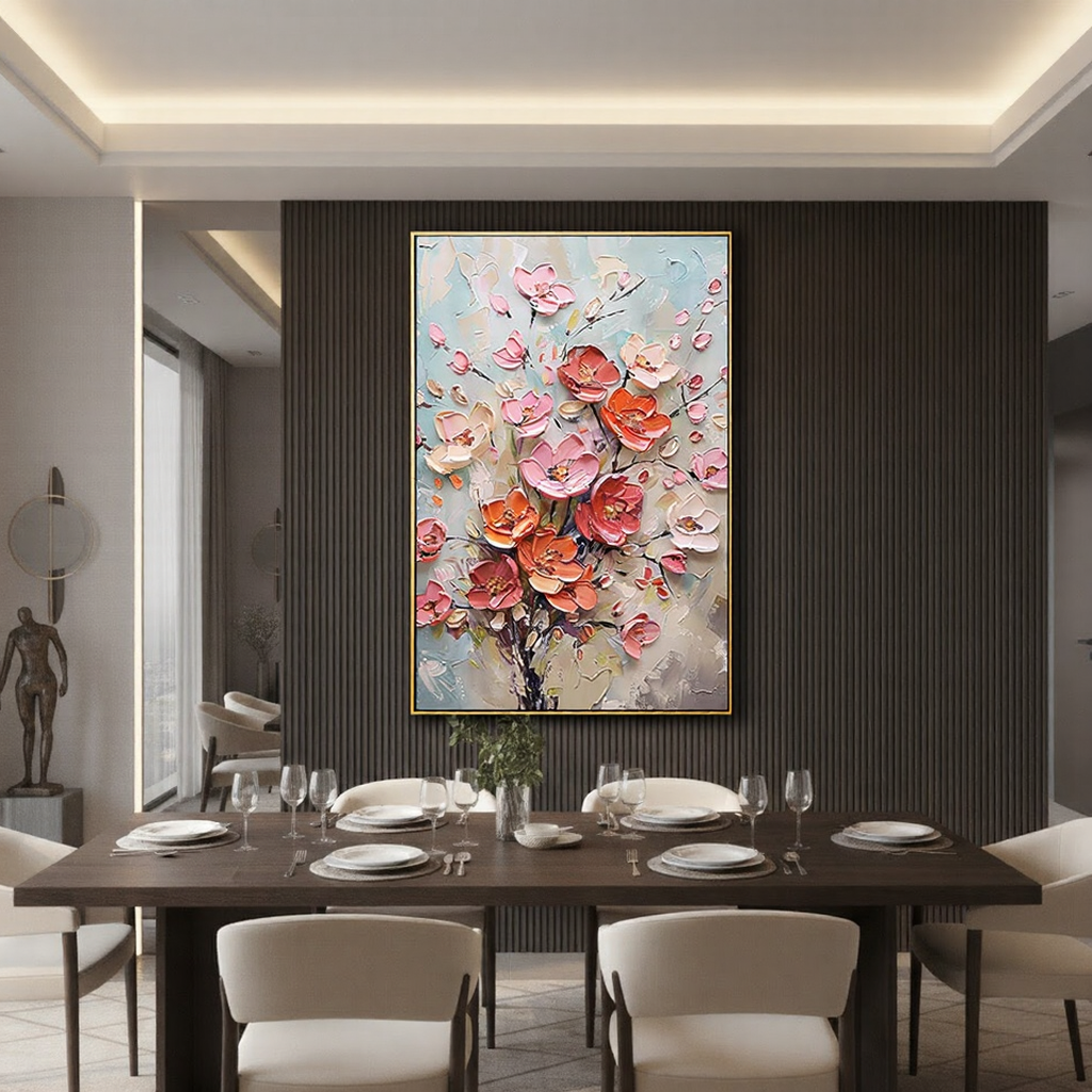 Coral Radiance – Hand-Painted Pink and Orange 3D Relief Plaster Effect Floral Painting | Heavy Texture Gallery Art