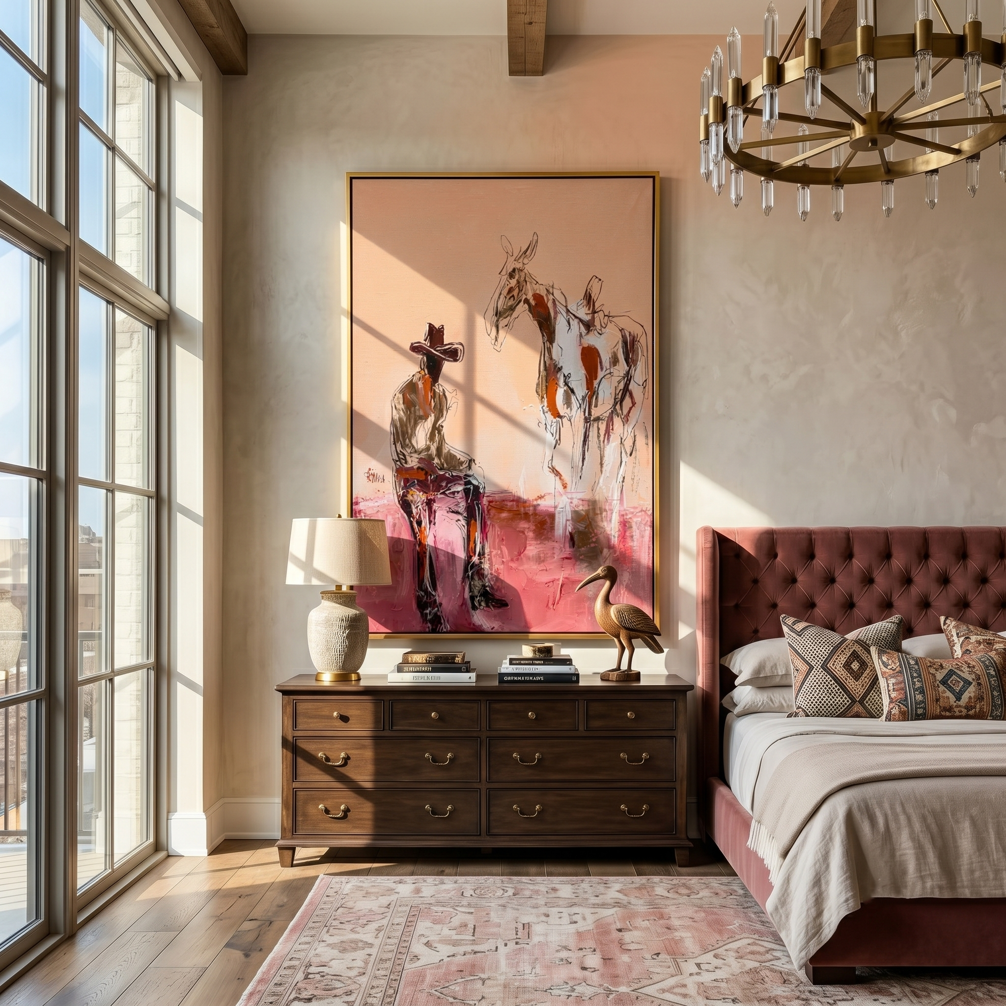 Dust Trail – Western Cowboy & Pinto Horse Painting | Vintage Americana Vertical Art