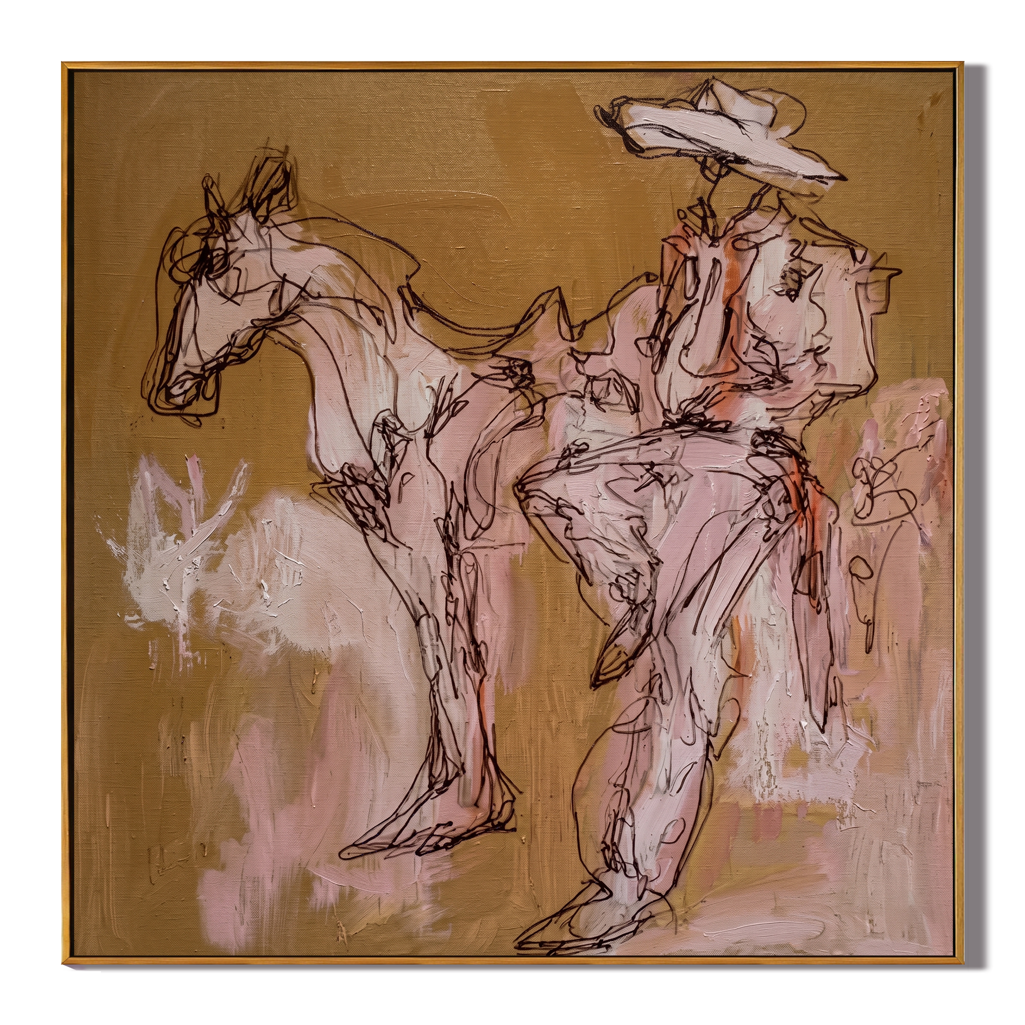 Open Range – Line Art Cowboy on Horseback Painting | Vintage Americana Square Art