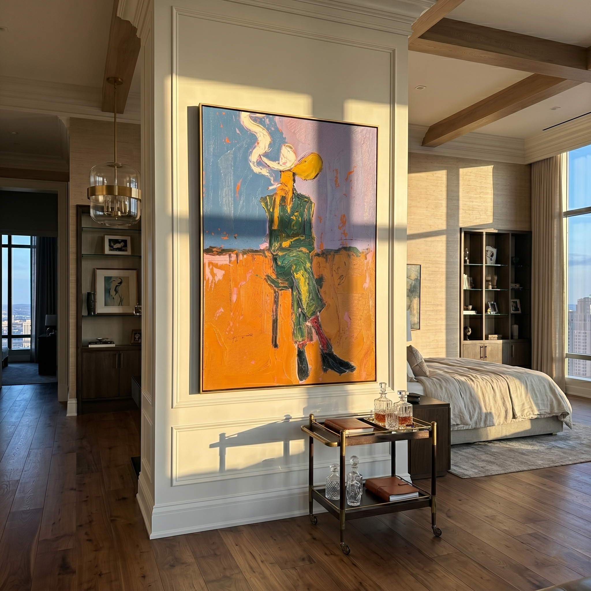 Prairie Smoke – Cowboy Under Blue Sky Painting | Vintage Americana Vertical Art