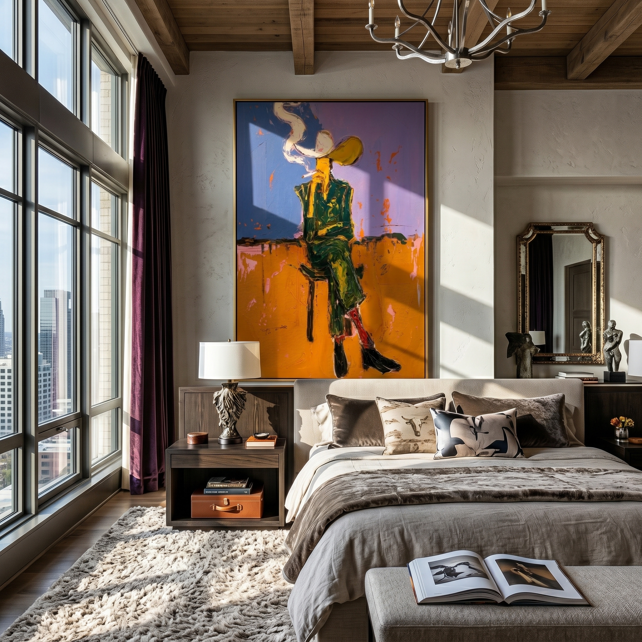 Prairie Smoke – Cowboy Under Blue Sky Painting | Vintage Americana Vertical Art