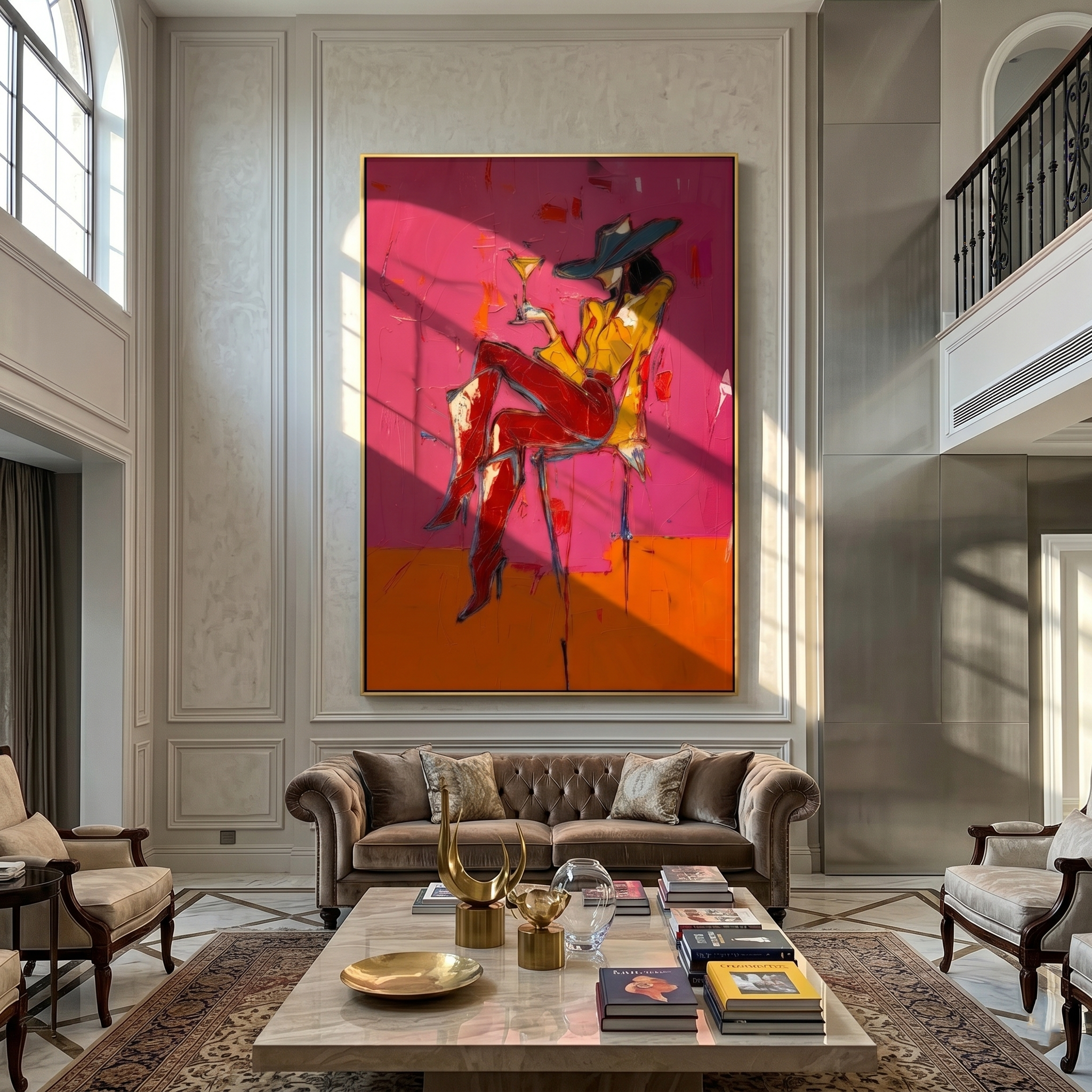 Magenta Hour – Woman with Cocktail Portrait Painting | Vintage Americana Vertical Art