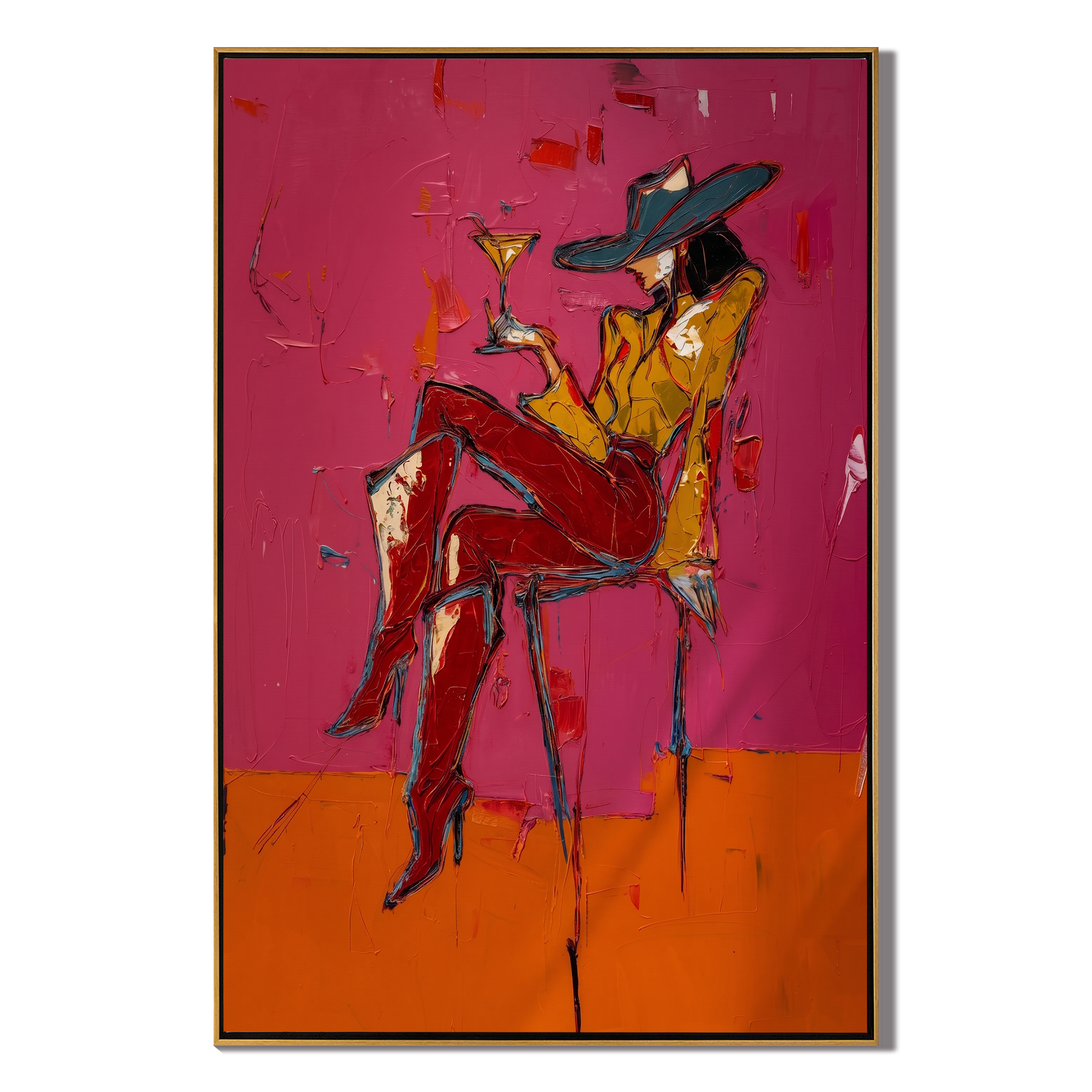 Magenta Hour – Woman with Cocktail Portrait Painting | Vintage Americana Vertical Art
