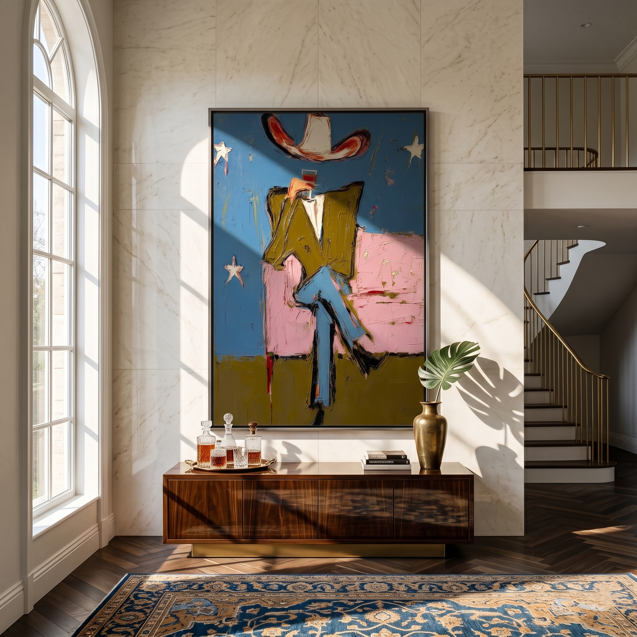 Starlit Lounge – Surrealist Cowboy on Pink Sofa Painting | Vintage Americana Vertical Art