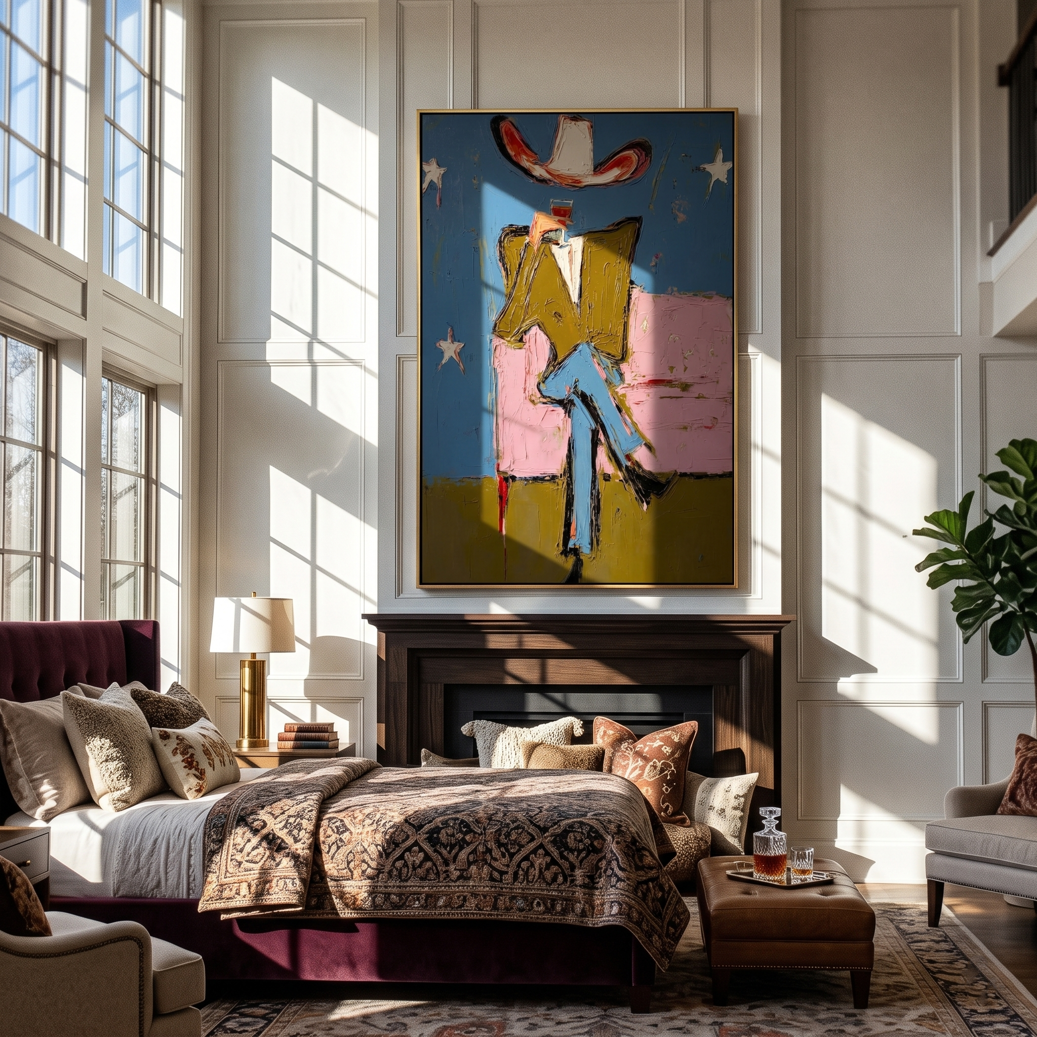 Starlit Lounge – Surrealist Cowboy on Pink Sofa Painting | Vintage Americana Vertical Art