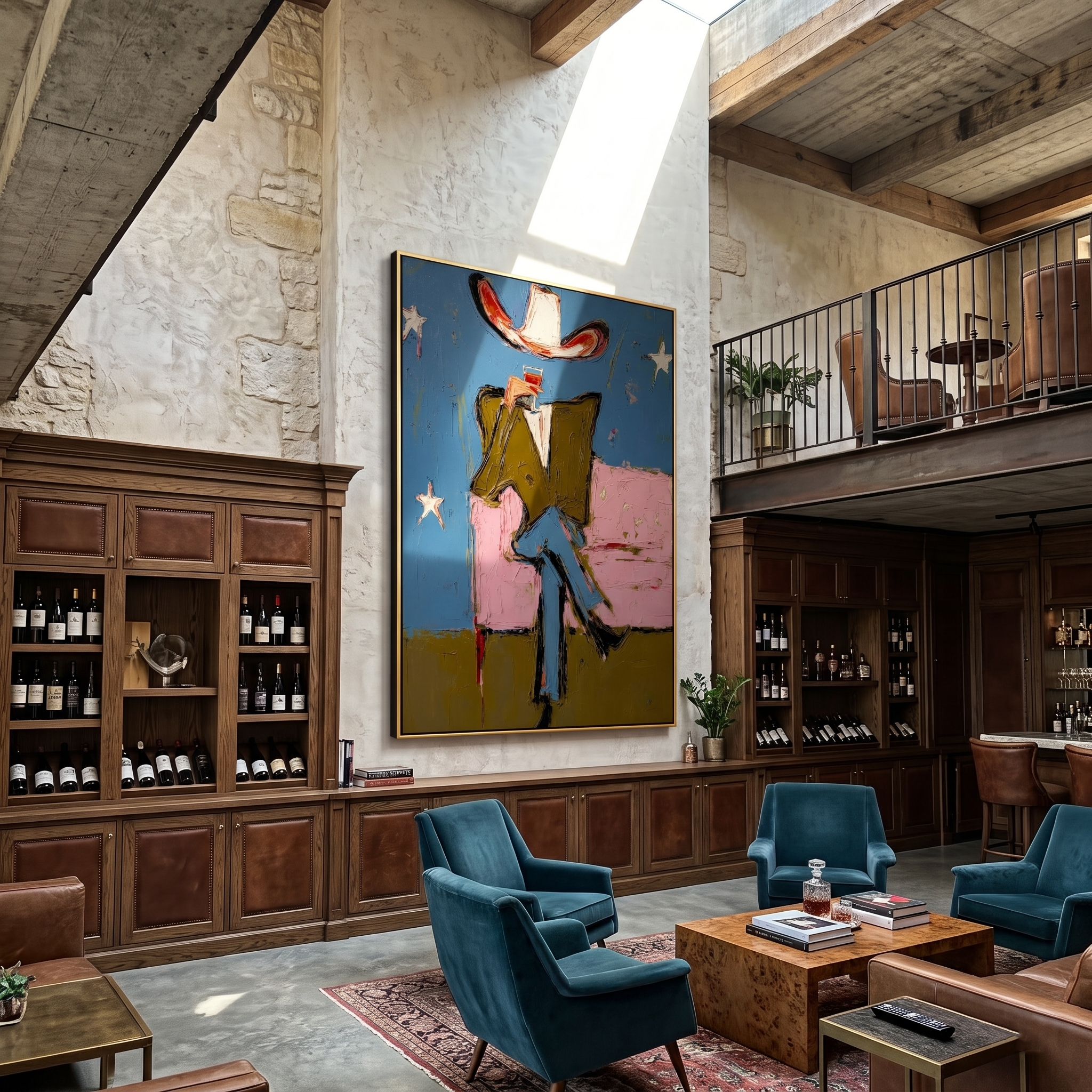 Starlit Lounge – Surrealist Cowboy on Pink Sofa Painting | Vintage Americana Vertical Art