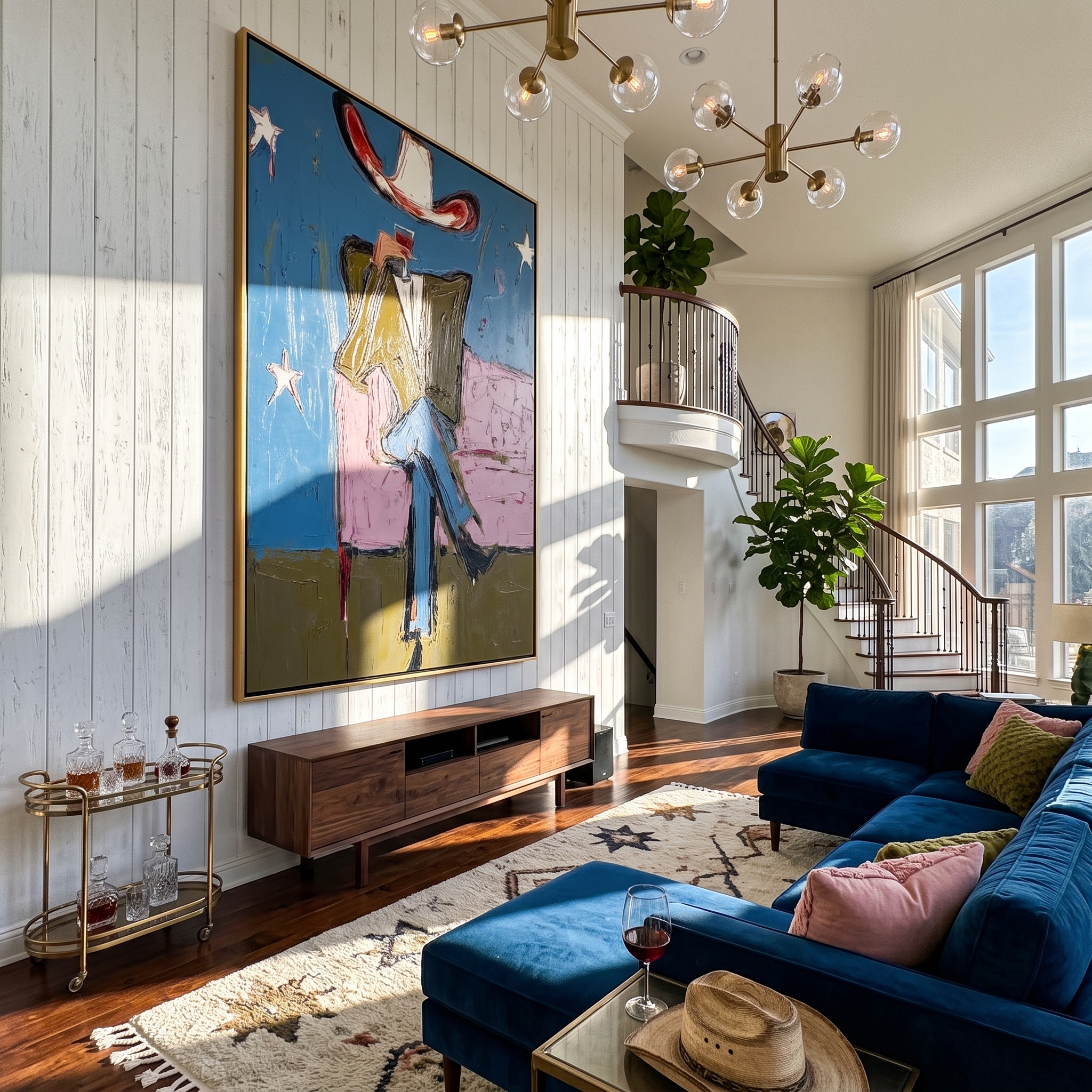 Starlit Lounge – Surrealist Cowboy on Pink Sofa Painting | Vintage Americana Vertical Art