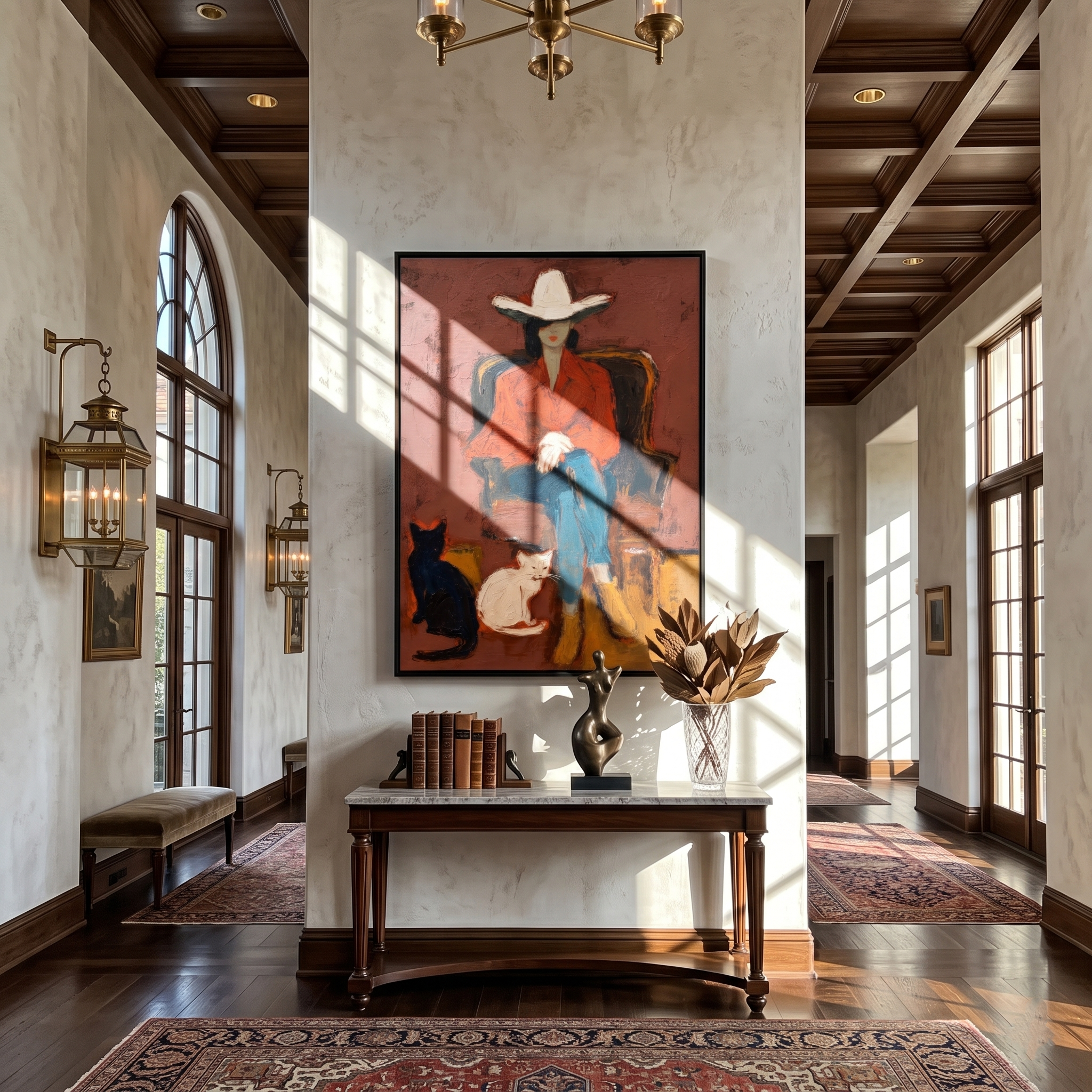 Wild Companions – Cowgirl with Cats Painting | Vintage Americana Vertical Art