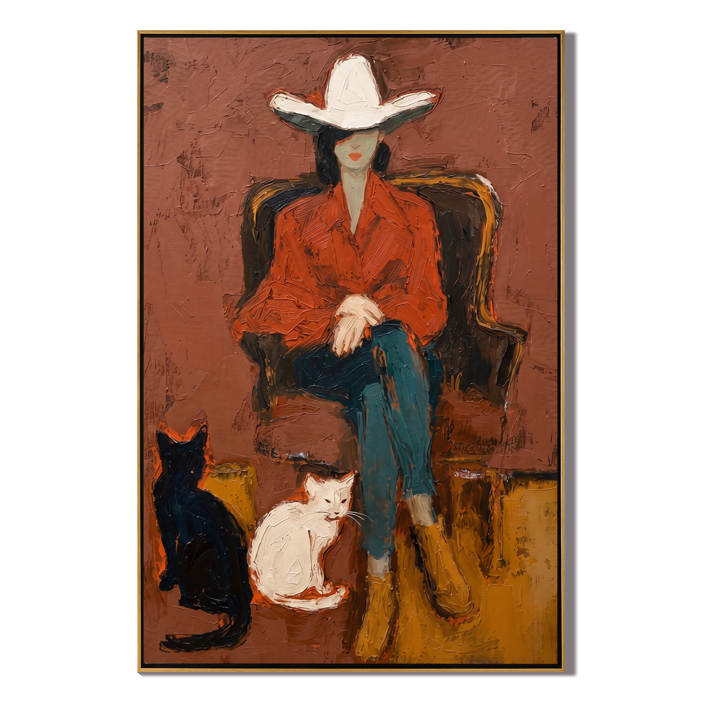 Wild Companions – Cowgirl with Cats Painting | Vintage Americana Vertical Art
